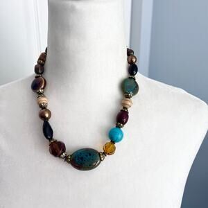 Charming Charlie Mixed Media Turquoise and Brown Beaded Necklace